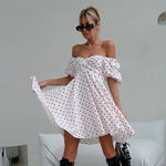 One Word Neck Strapless Heart Print Puff Sleeve Dress Wholesale Dresses