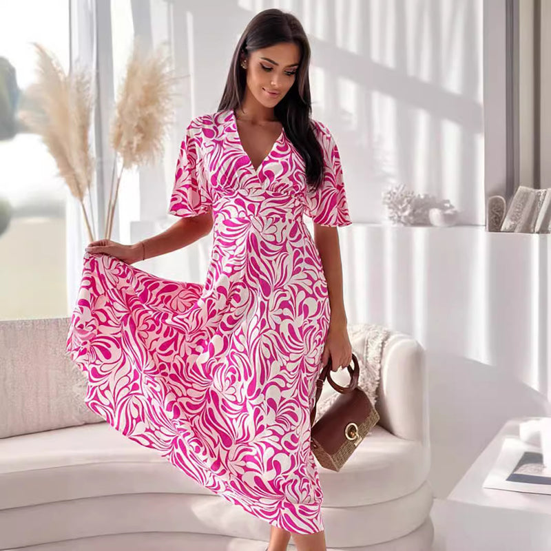 Printed V-Neck Waisted Short Sleeve Maxi Dresses Wholesale Womens Clothing N3824052000053