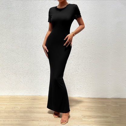 Elegant Solid Colour Round Neck Short Sleeve Slimming Dress Wholesale Dresses