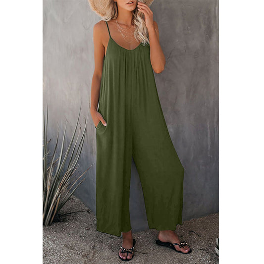 Solid Color Insert Pockets Loose Casual Halter Jumpsuit Wholesale Jumpsuits