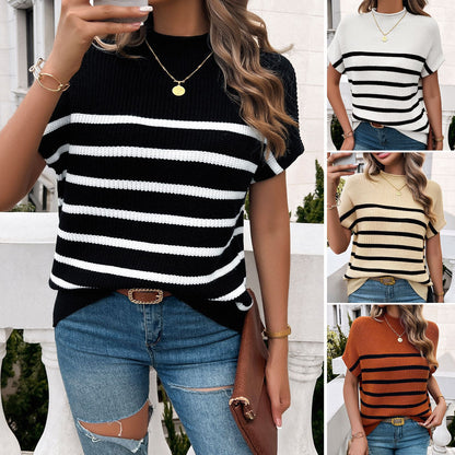 Contrast Color Temperament Pullover Short Sleeve Striped Sweater Wholesale Womens Clothing N3824060600050