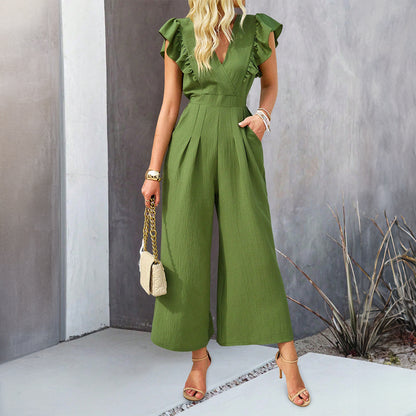 Solid Color V-Neck Ruffled Sleeve Jumpsuits Wholesale Womens Clothing N3824062100008