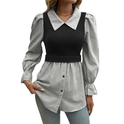 Bubble Sleeve Casual Colorblocking Striped Spliced Shirts Wholesale Womens Clothing N3824080700065