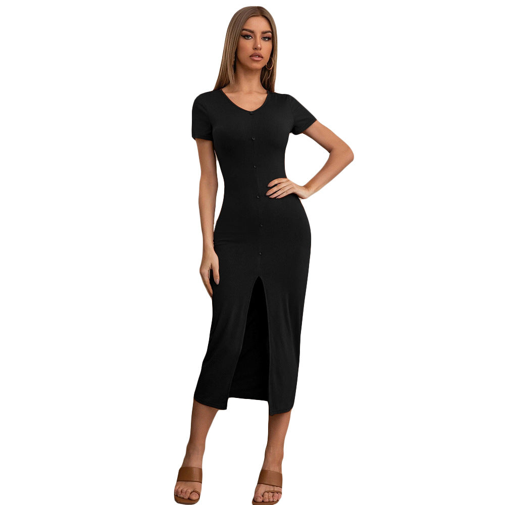 Sexy Slim Split Button Down Pullover Knit Midi Dress Wholesale Dresses