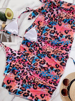 Leopard Print Halterneck Dress Three-Piece Bikini Wholesale Womens Clothing