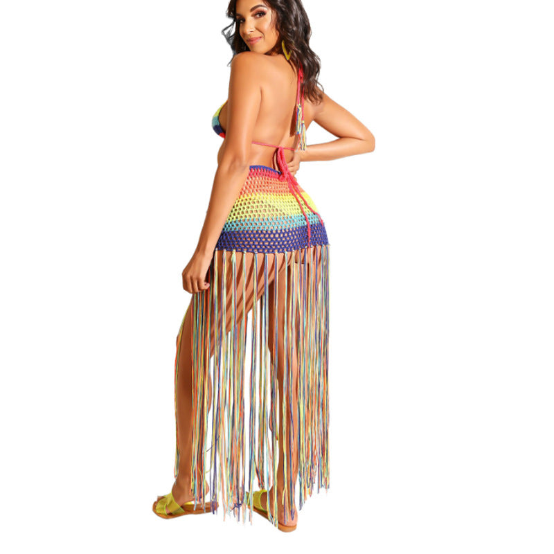 Sexy Rainbow Color Cutout Hand Hooked Bikini Top And Fringe Beach Skirt Swimsuit Set Wholesale Womens Clothing