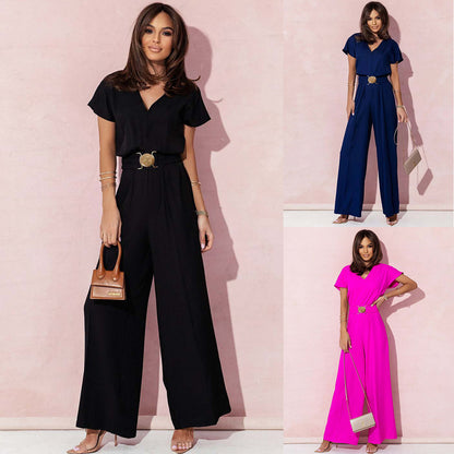 Solid Color V-Neck Waist Short-Sleeved Casual Jumpsuits Wholesale Womens Clothing N3824052000036