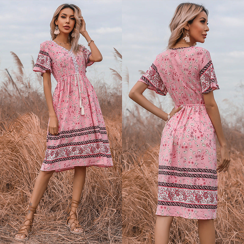 Retro Women's Pink Slim V-Neck Floral Dresses Wholesale Womens Clothing N3824022600098