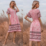 Retro Women's Pink Slim V-Neck Floral Dresses Wholesale Womens Clothing N3824022600098