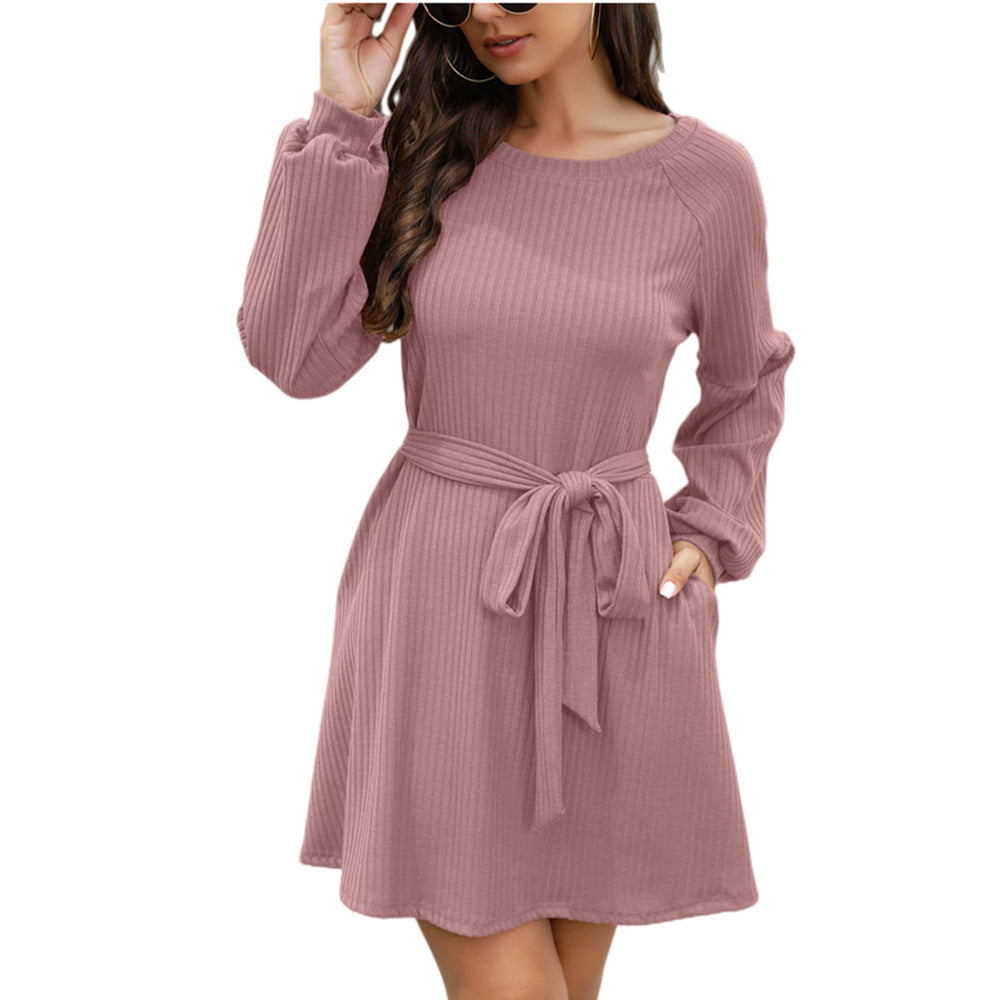 Casual Long Sleeve Solid Color Ribbed Knit Dress Or With Belt Wholesale Dresses