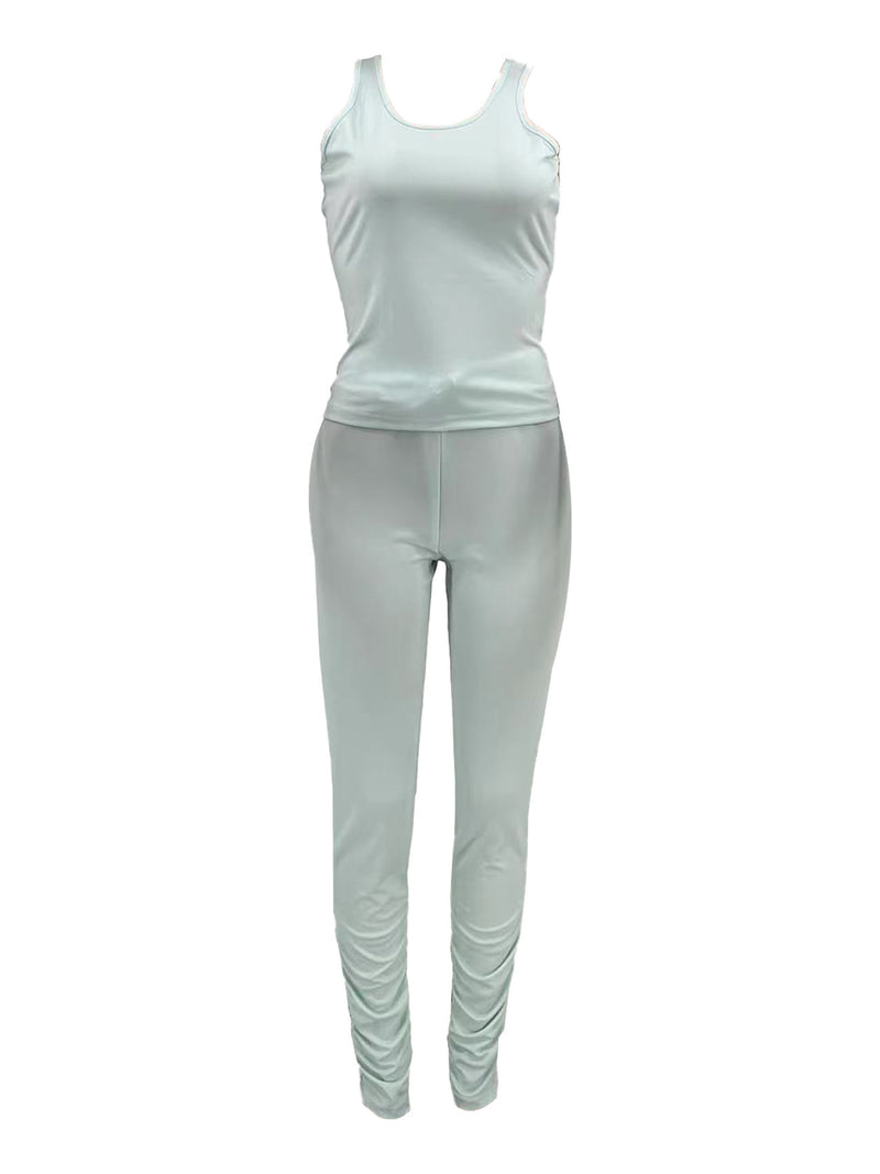 Solid Color Round Neck Vest High Waist Drawstring Trousers Suit Wholesale Womens Clothing