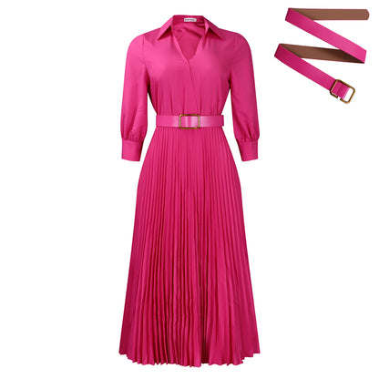 Lapel Long Sleeve High Waist Pleated Solid Color Dresses Wholesale Womens Clothing N3824080500018