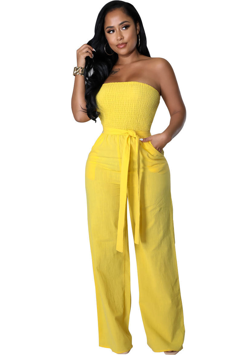 Off-Shoulder Smocked Solid Color High Waist Jumpsuit Wholesale Womens Clothing N3824071000022