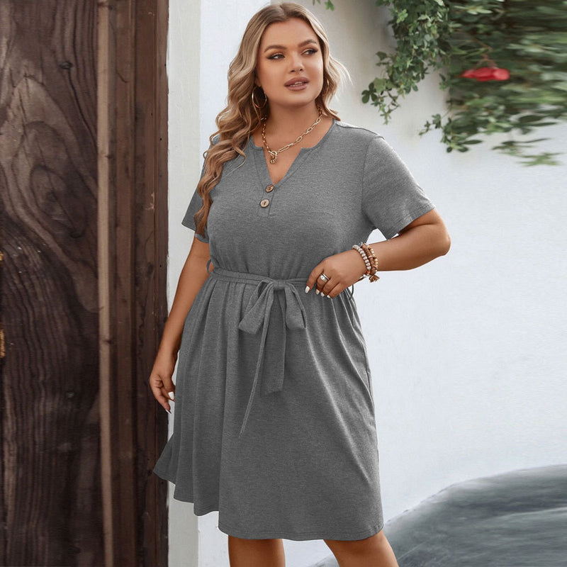 Wholesale Plus Size Clothing Casual Short-Sleeved V-Neck Belt Waist A-Line Dress