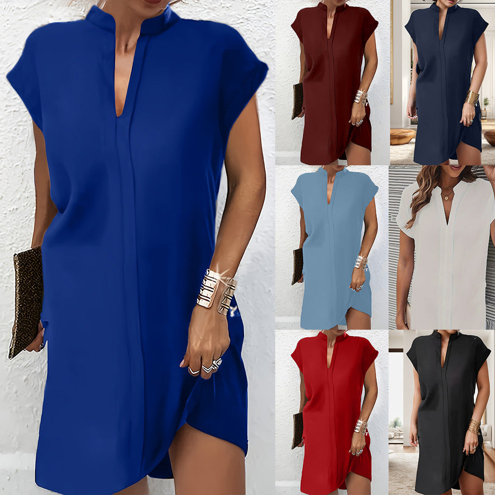 Solid Color Short Sleeve Dresses With V-Neck Casual Sexy Mini Dresses Wholesale Womens Clothing N3824061200004