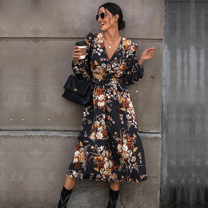 V-Neck Floral Print Long Sleeve Mid-Length Dresses Wholesale Womens Clothing N3824091200041