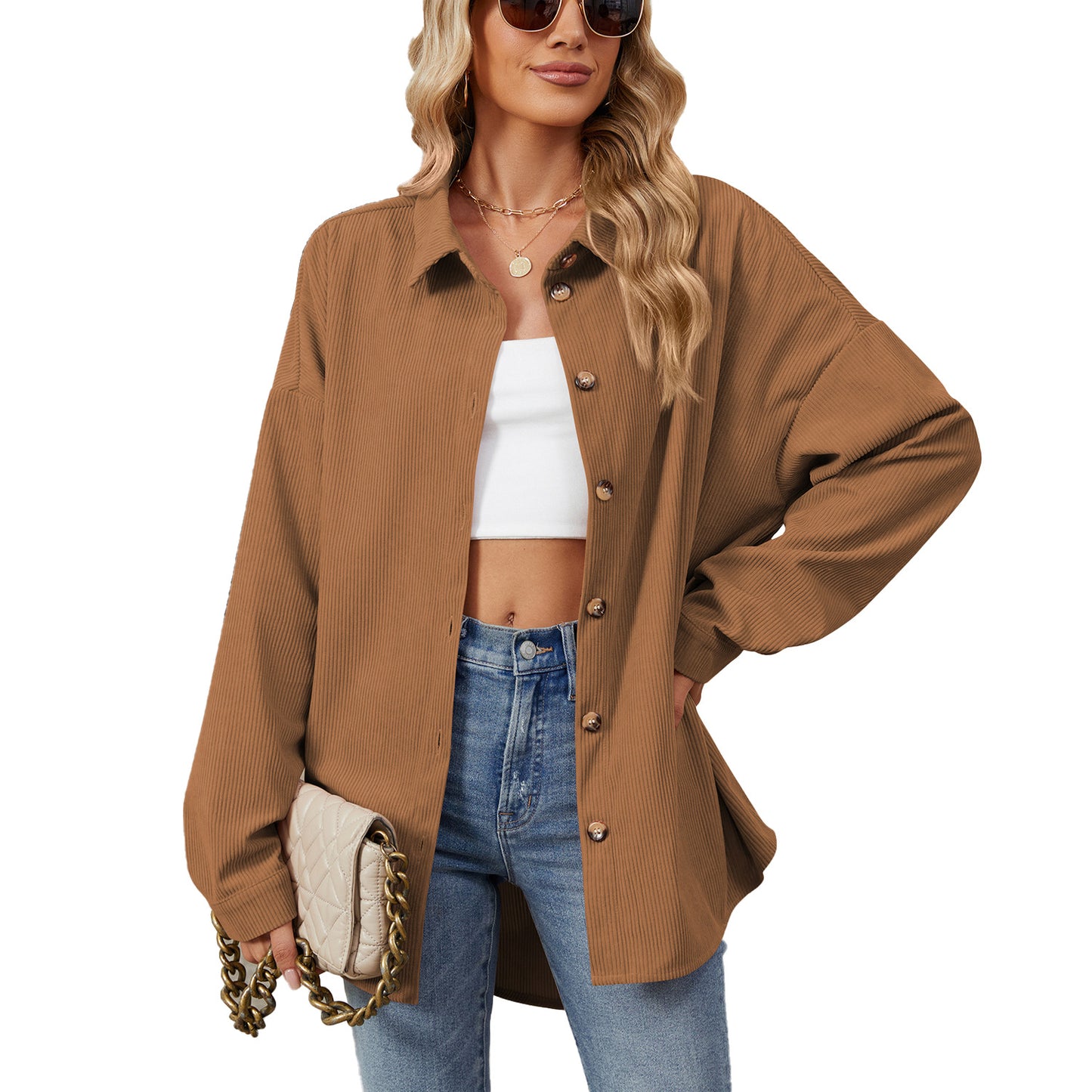 Solid Color Lapel Button Long Sleeve Loose Shirts Wholesale Womens Clothing N3824082300059