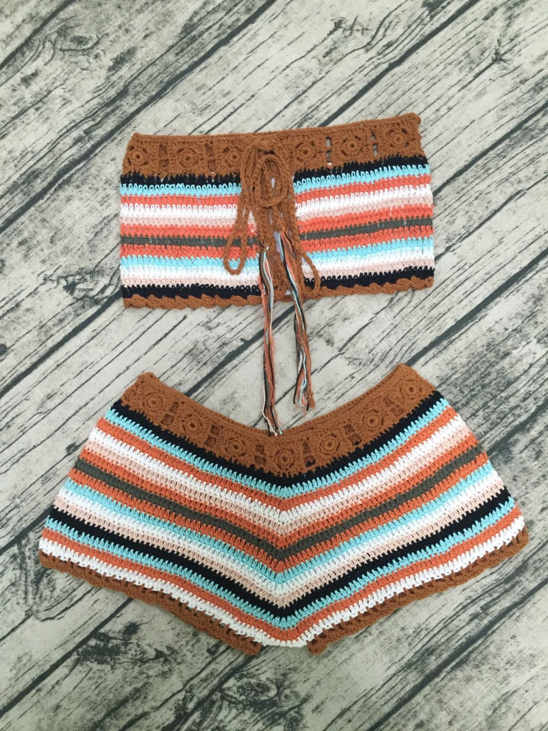 Sexy Colorful Striped Hand Hooked Bikini And Shorts Split Swimsuit Wholesale Women'S 2 Piece Sets