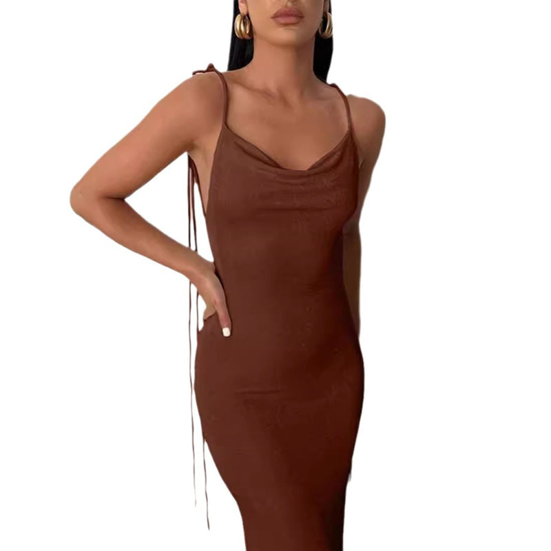 Sexy Lace-up Solid Color Dress Tube Top Halter Neck Open Back Maxi Dresses Wholesale Womens Clothing N3824052000011