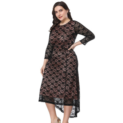 Wholesale Plus Size Clothing Short Front And Long Back High Waisted Lace Dresses