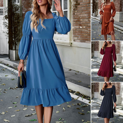 Casual Solid Color Square Neck Long Sleeve Long Dress Wholesale Dresses