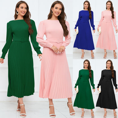 Round Neck Bubble Long Sleeve Pleated A-Line Slim Dress Wholesale Womens Clothing N3824062100042