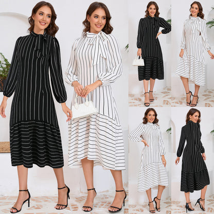 Professional Stand Collar Striped Dresses Wholesale Womens Clothing N3824082300041