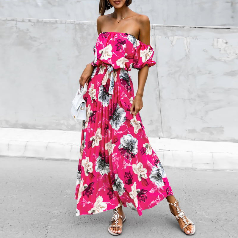 Fashion Sexy Off-Shoulder Pleated Printed Slip Sleeve Maxi Dresses Wholesale Womens Clothing N3824052000103