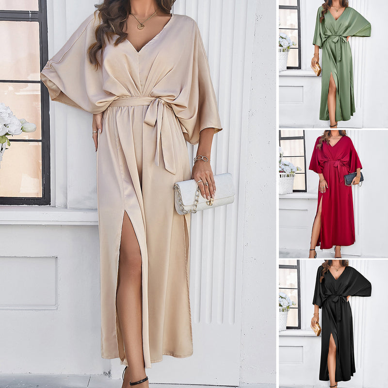 Elegant V-neck Slit Loose Maxi Dresses Wholesale Womens Clothing N3824040100113