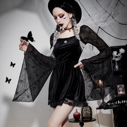 Dark Punk Gothic Slim Fit Spider Web Bell Sleeve Square Neck Dress Wholesale Dresses