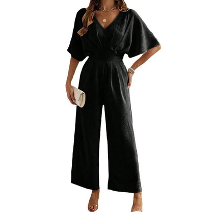 Short-Sleeved Solid Color Casual Wide-Leg Jumpsuit Wholesale Womens Clothing N3824062100011