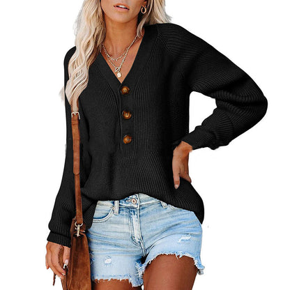 Casual Long Sleeve Knit V-Neck Button Down Sweater Wholesale Womens Tops