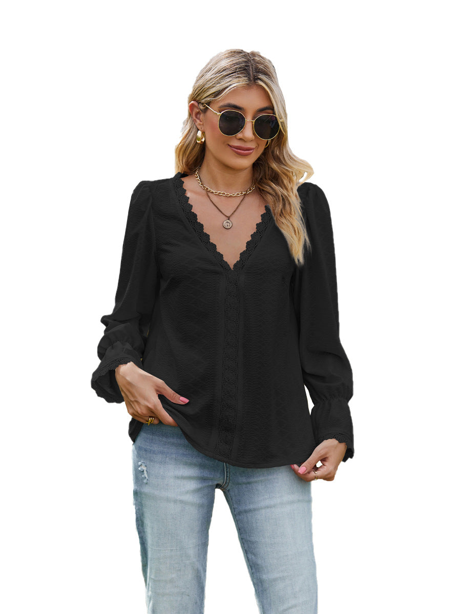 Solid Color V-Neck Patchwork Lace Long Sleeve T-Shirts Wholesale Womens Clothing N3824082300056