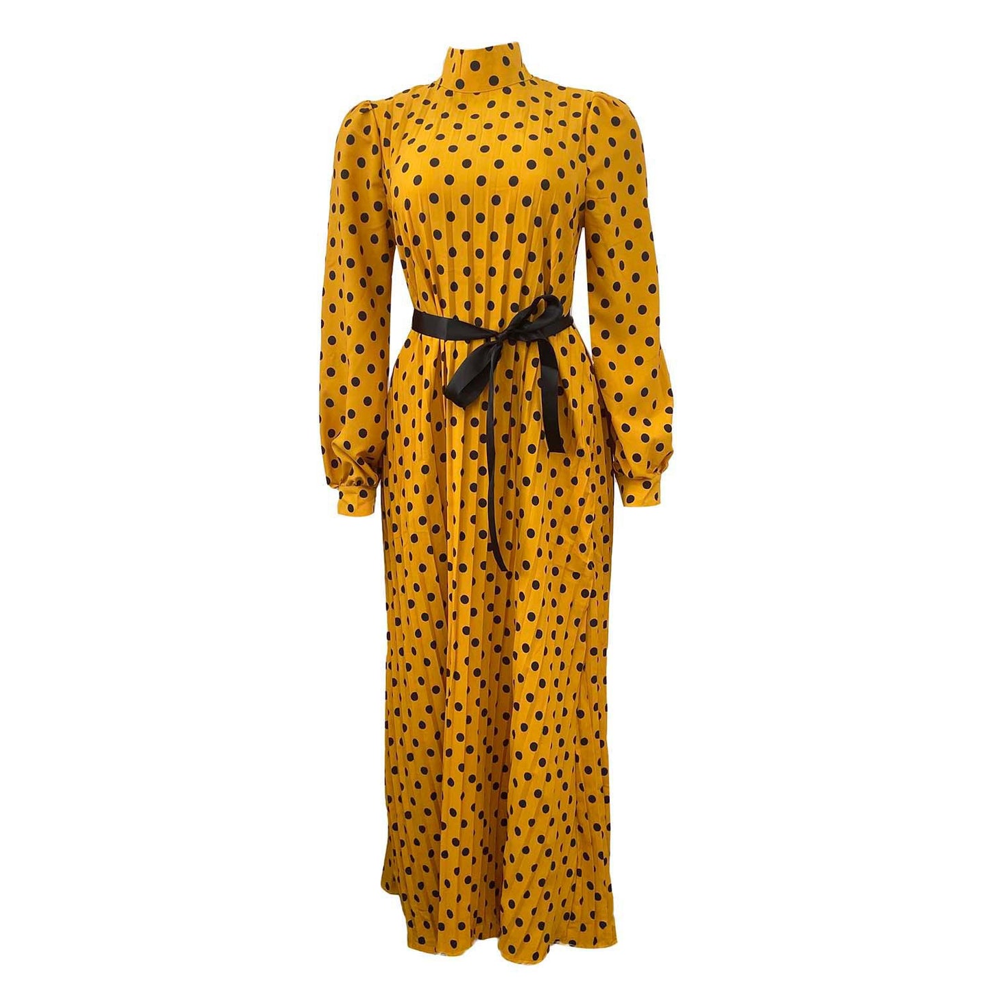 Loose Pleated Polka Dot Maxi Dresses Belt Long Sleeve Wholesale Plus Size Womens Clothing N3823101700030