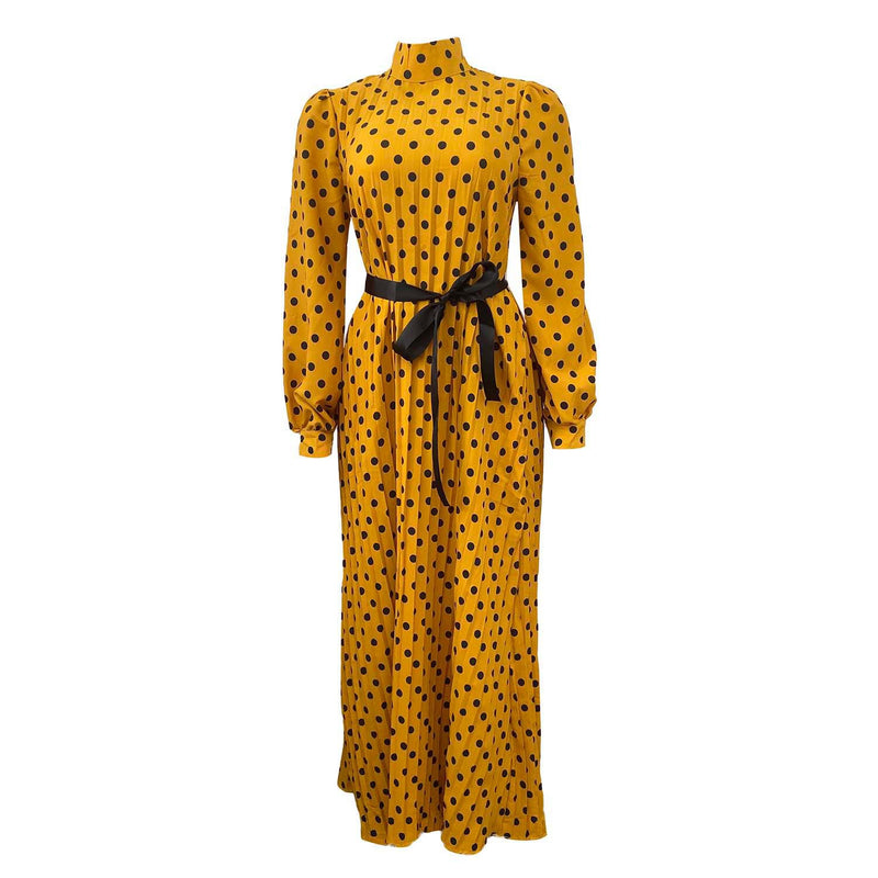 Loose Pleated Polka Dot Maxi Dresses Belt Long Sleeve Wholesale Plus Size Womens Clothing N3823101700030