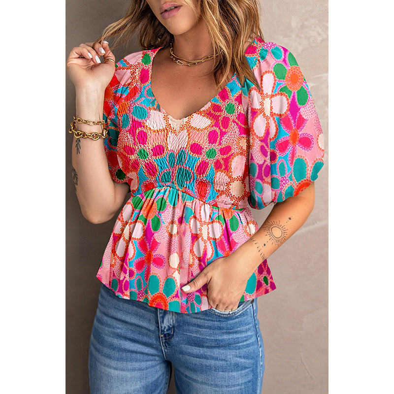 Balloon Sleeve Floral Print Pullover Short Sleeve Top Wholesale Women'S Top