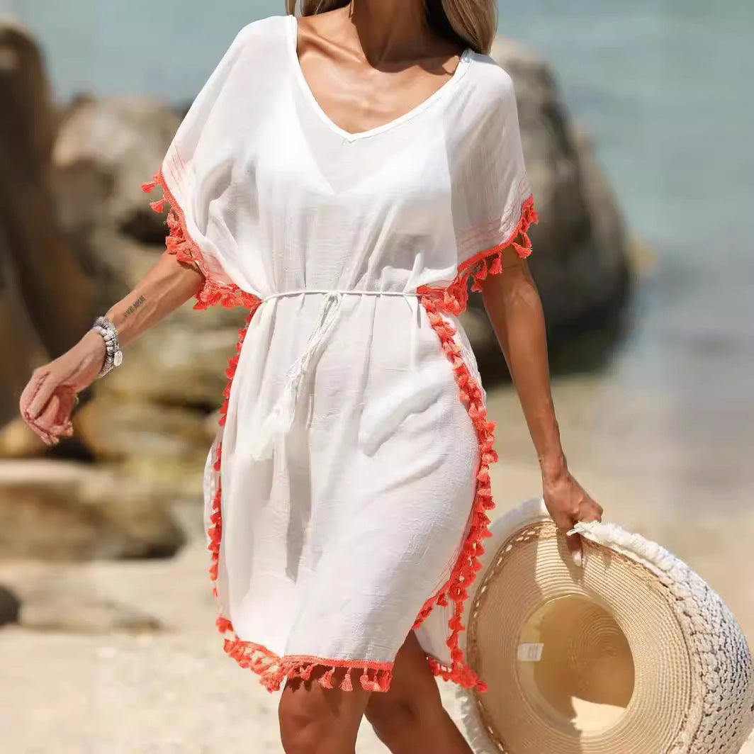 Cotton Tasseled Trim Colorblocked Beach Dresses Bikini Coverup Wholesale Womens Clothing N3824081300002