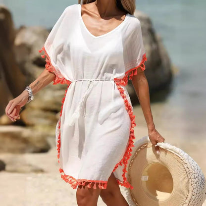 Cotton Tasseled Trim Colorblocked Beach Dresses Bikini Coverup Wholesale Womens Clothing N3824081300002