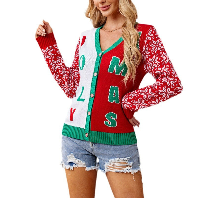 Christmas Sweater Casual Letter Jacquard V-Neck Knitted Cardigan Wholesale Womens Clothing N3824091200147