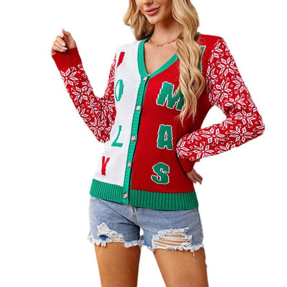 Christmas Sweater Casual Letter Jacquard V-Neck Knitted Cardigan Wholesale Womens Clothing N3824091200147