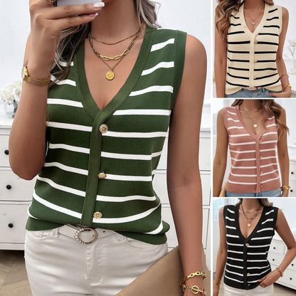 Casual V-Neck Contrast Color Sleeveless Cardigan Sweater Wholesale Womens Clothing N3824060600046