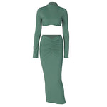 Solid Color Trumpet Sleeve Crop Tops Pleated Skirt Suit Wholesale Womens Clothing