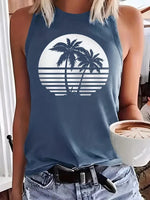 Casual Coconut Tree Print Crew Neck Sleeveless T-Shirt Wholesale Womens Tops