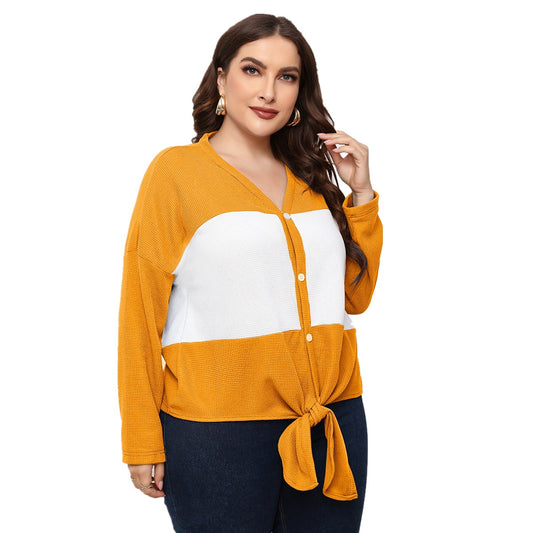 Plus Size Colorblock Long Sleeve Tops V Neck Button Knot-Hem Shirts Wholesale Womens Clothing N3824080300025