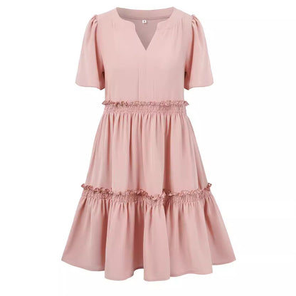 Solid V Neck Casual Ruffled Shorts Sleeve Dresses Wholesale Womens Clothing N3824050700082