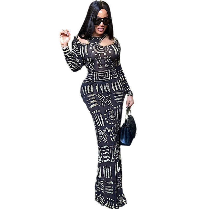 Fashionable Round Neck Hollow Dress Long Sleeve Digital Print Wholesale Womens Clothing N3823111100014