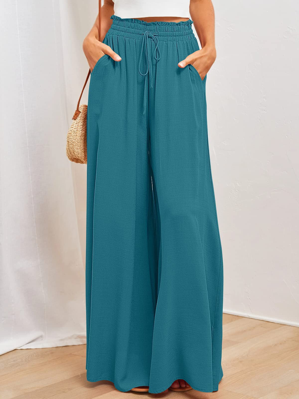 High-Waisted Wide-Leg Trousers With Elastic Waistband Wholesale Womens Clothing N3824040700342