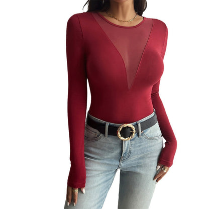 Sexy Stitching Tops Solid Color Long-Sleeved T-Shirts Wholesale Womens Clothing N3824090300022