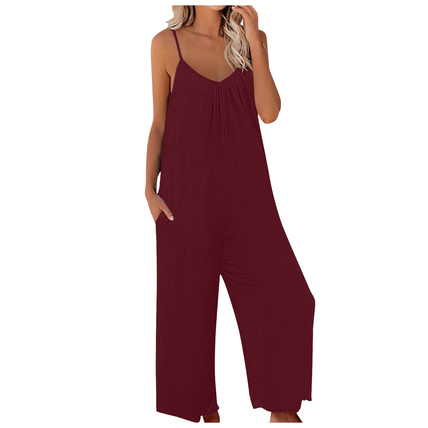 Solid Color Ribbed Pocket Loose Casual Sling Jumpsuit Wholesale Womens Clothing N3824052000017