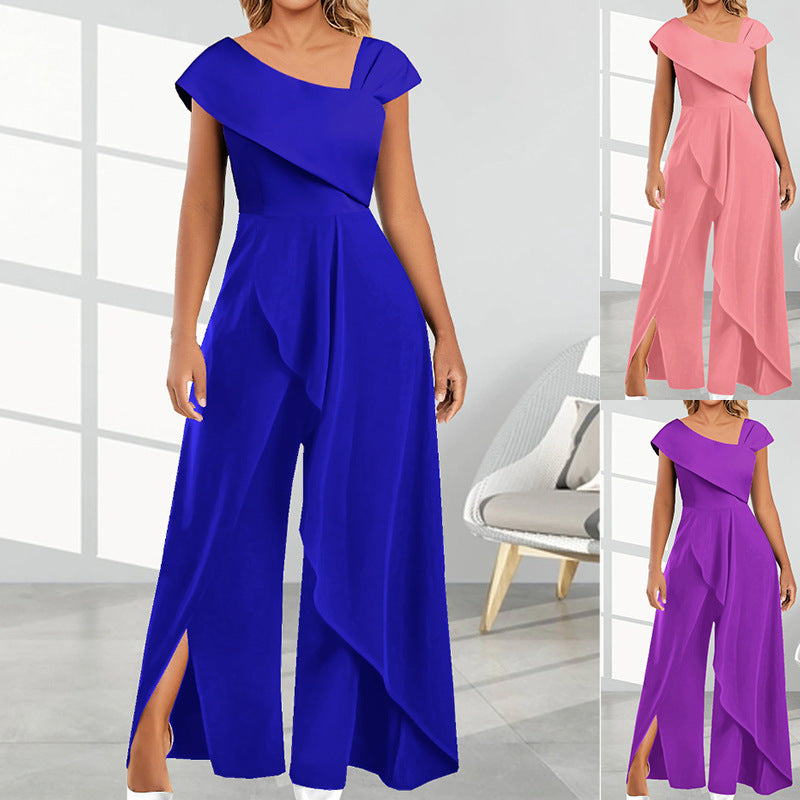 Fashion Slant Neck Solid Color Long Jumpsuit Wholesale Jumpsuits